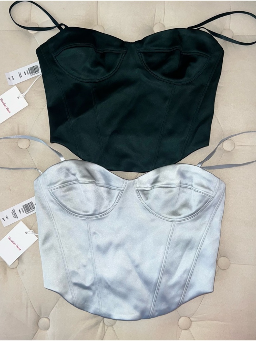 Aritzia Sunday Best Minx Satin Bustier Crop Top - Green and Silver/Blue Grey